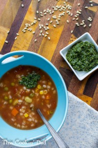 Slow Cooker Vegetable Barley Soup with Carrot Top Pesto